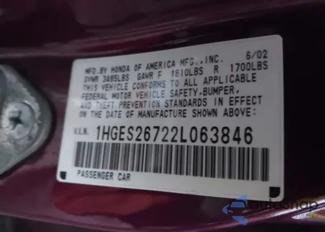 2002 Honda Civic Ex z USA, uszkodzony, nr VIN 1HGES26722L063846